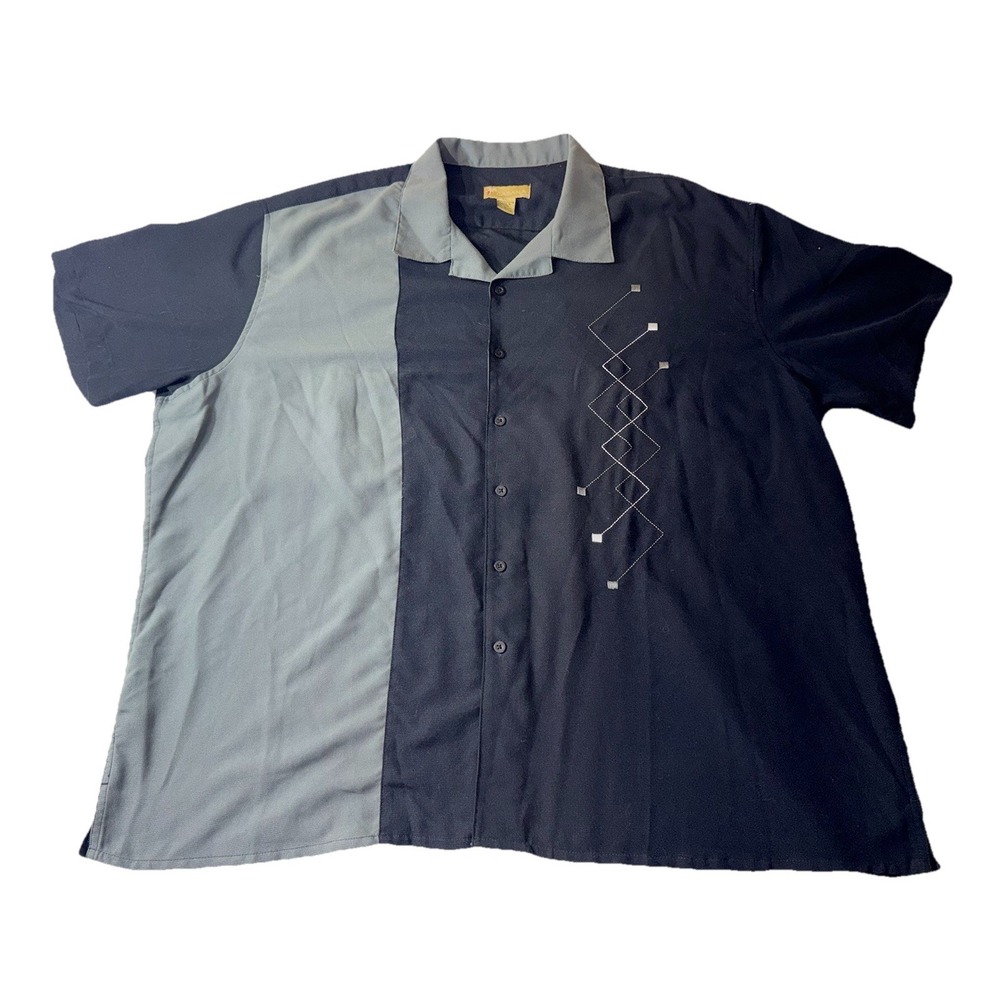 Men's Cabana Button Front Black & Gray Shirt  4XL Short Sleeve 100% Polyester
